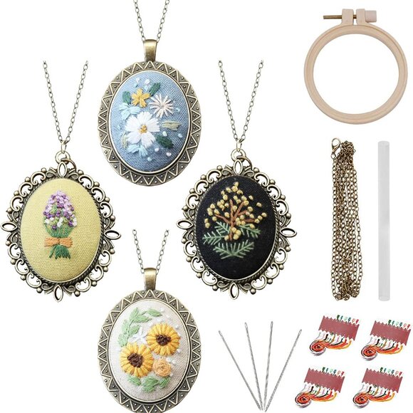 4 Packs Embroidery Necklace Kits, Embroidery Pendant Kit Mini Cross Stitch Kit w - Picture 1 of 7